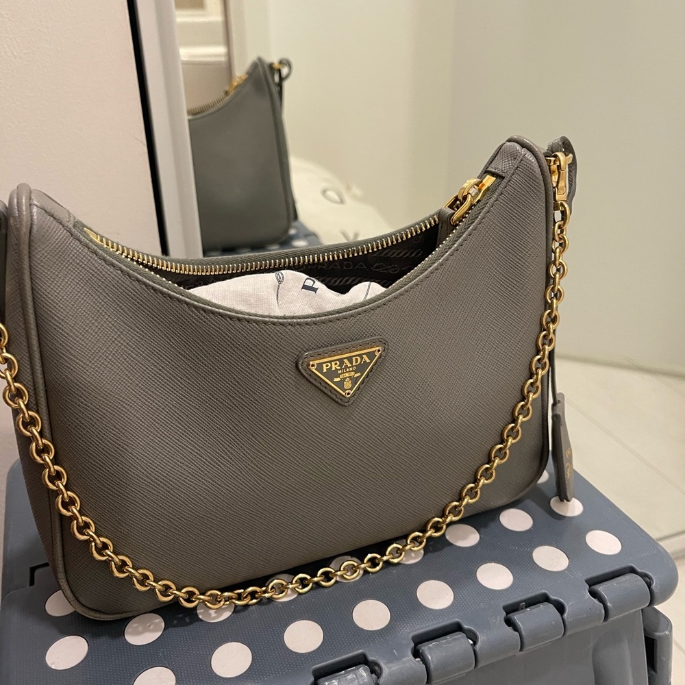 Prada Gray Leather Shoulder Bag with Gold Chain